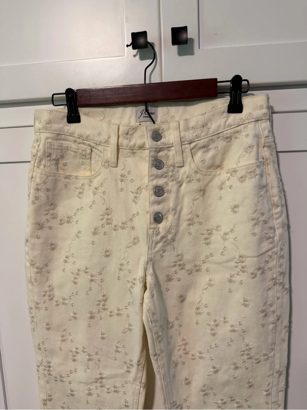 J. Crew High Rise Billie Demi Boot Crop Cream Jeans with Embroidery